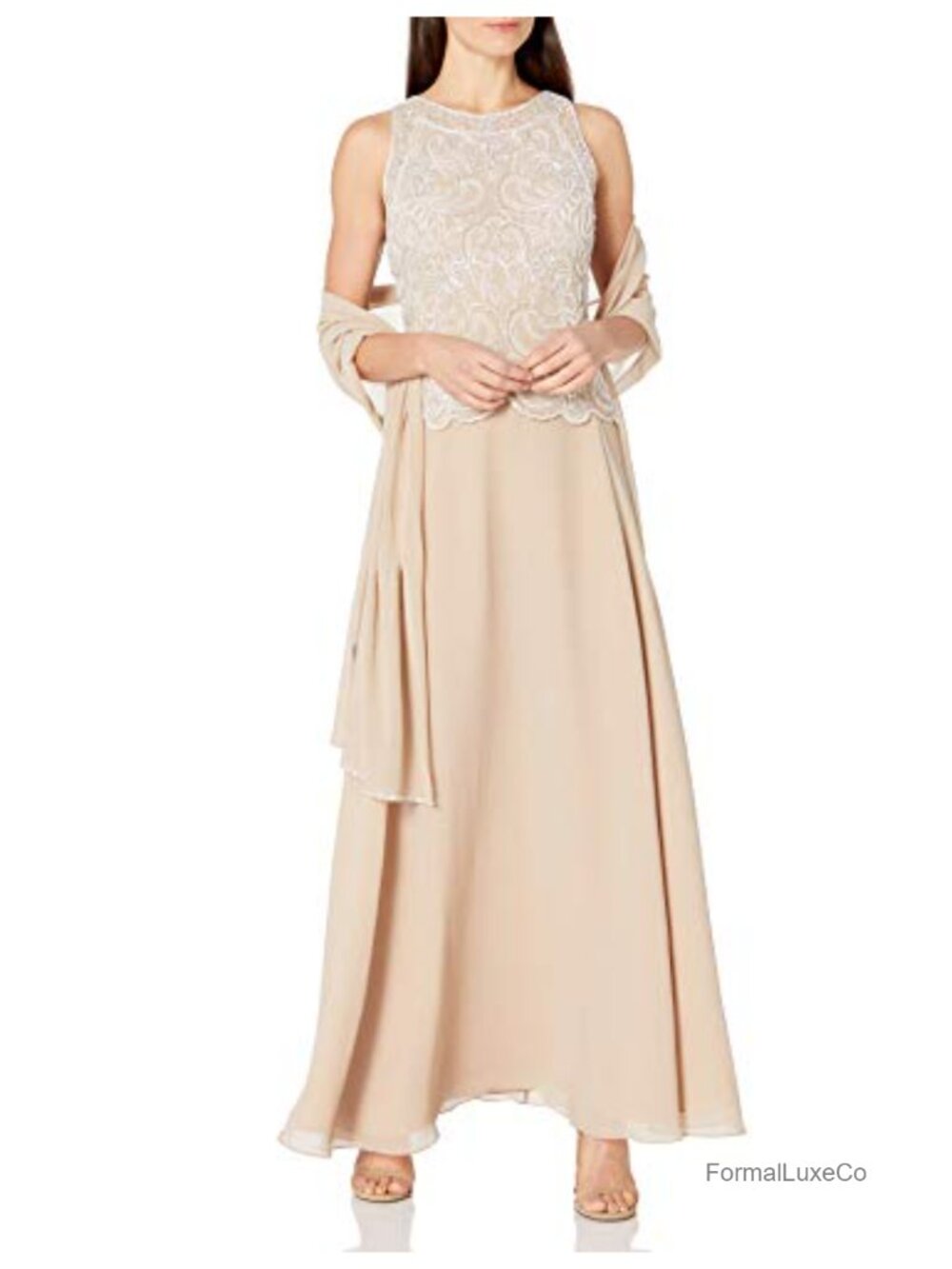 Petite Sleeveless Scallop Beaded Long Dress with Scarf Formal Evening Gown